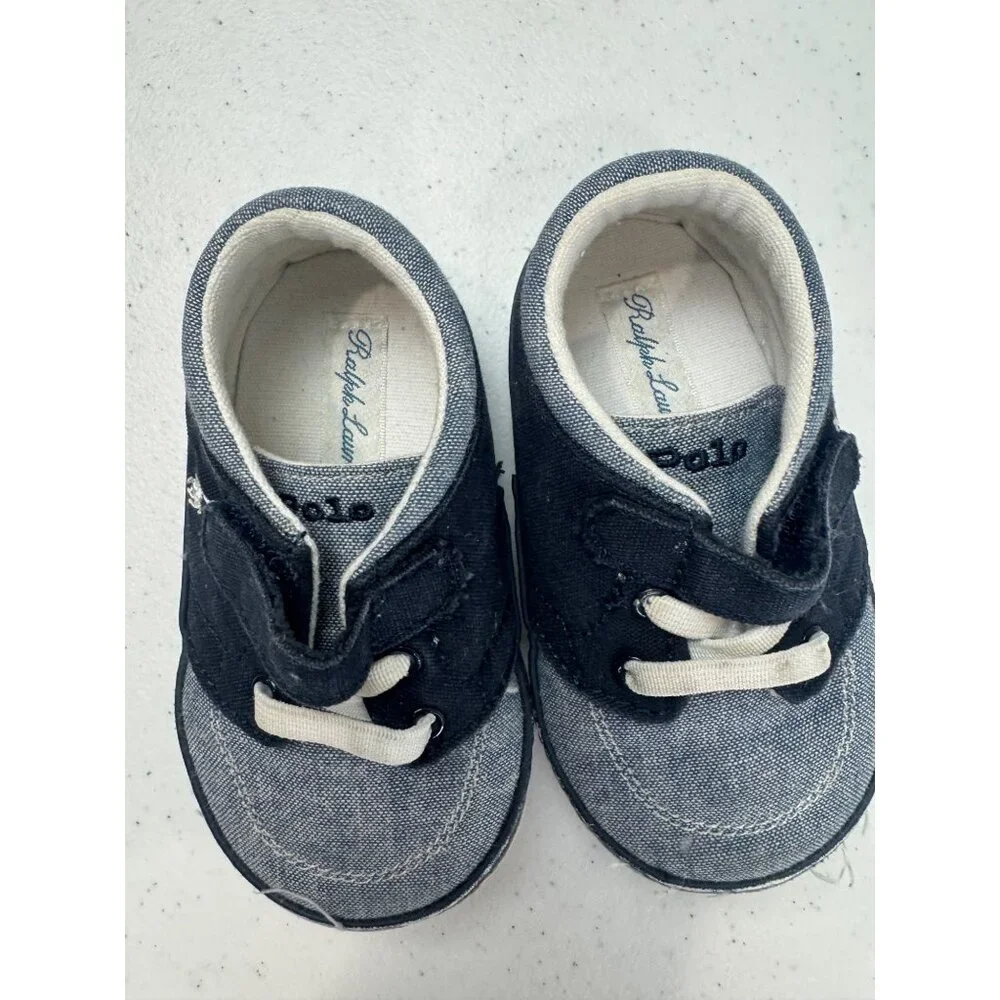 Ralph Lauren Polo Baby Boys Navy & Denim Canvas Shoes With Velcro Strap Size 2 S